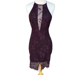ASTR The Label Purple Eyelash Lace Halter Style Illusion Mini Dress Sexy Size Sm